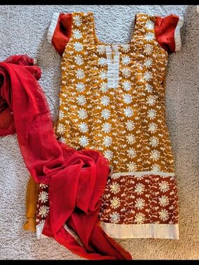 Mustard Yellow & Red Embroidered Kurti with Red Dupatta